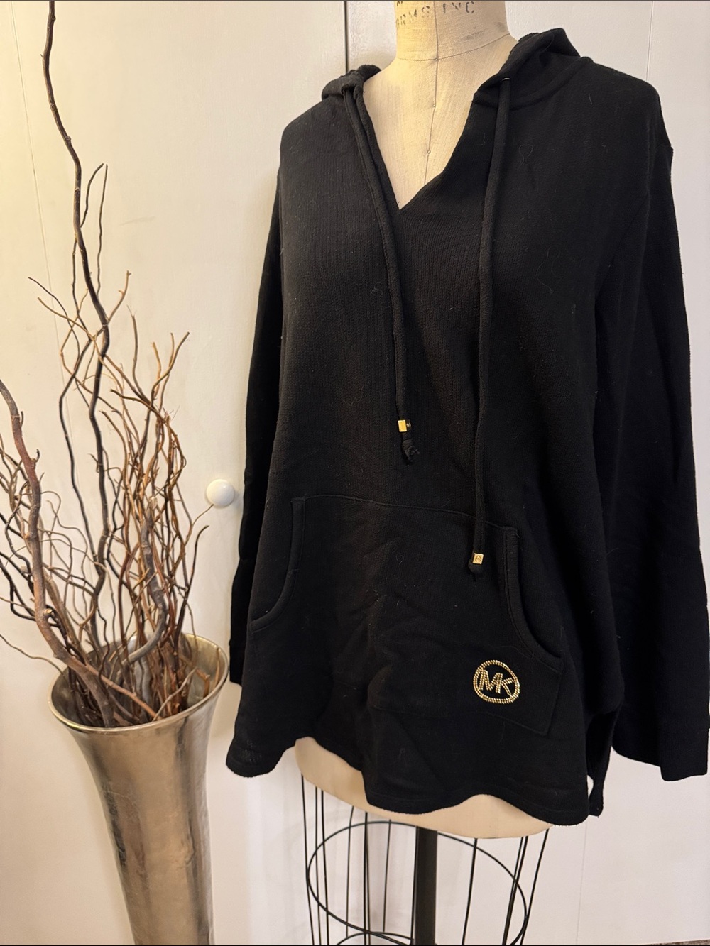 Michael Kors Black V-Neck Hooded Sweater with MK Emblem